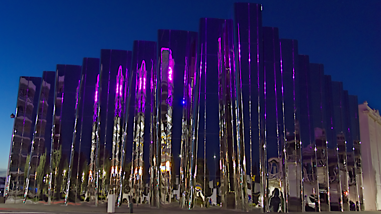 New Plymouth Post Office Tower mirrored in Govett-Brewster Art Gallery